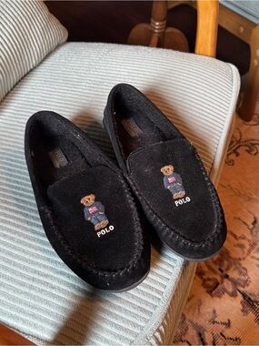 Polo by Ralph Lauren Black Suede Teddy Bear Moccasin Slip-Ons